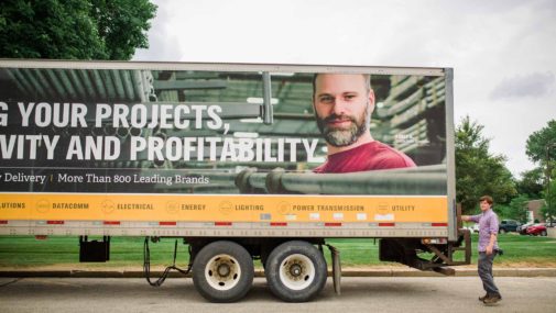 Commercial photograph printed on side of semi truck.